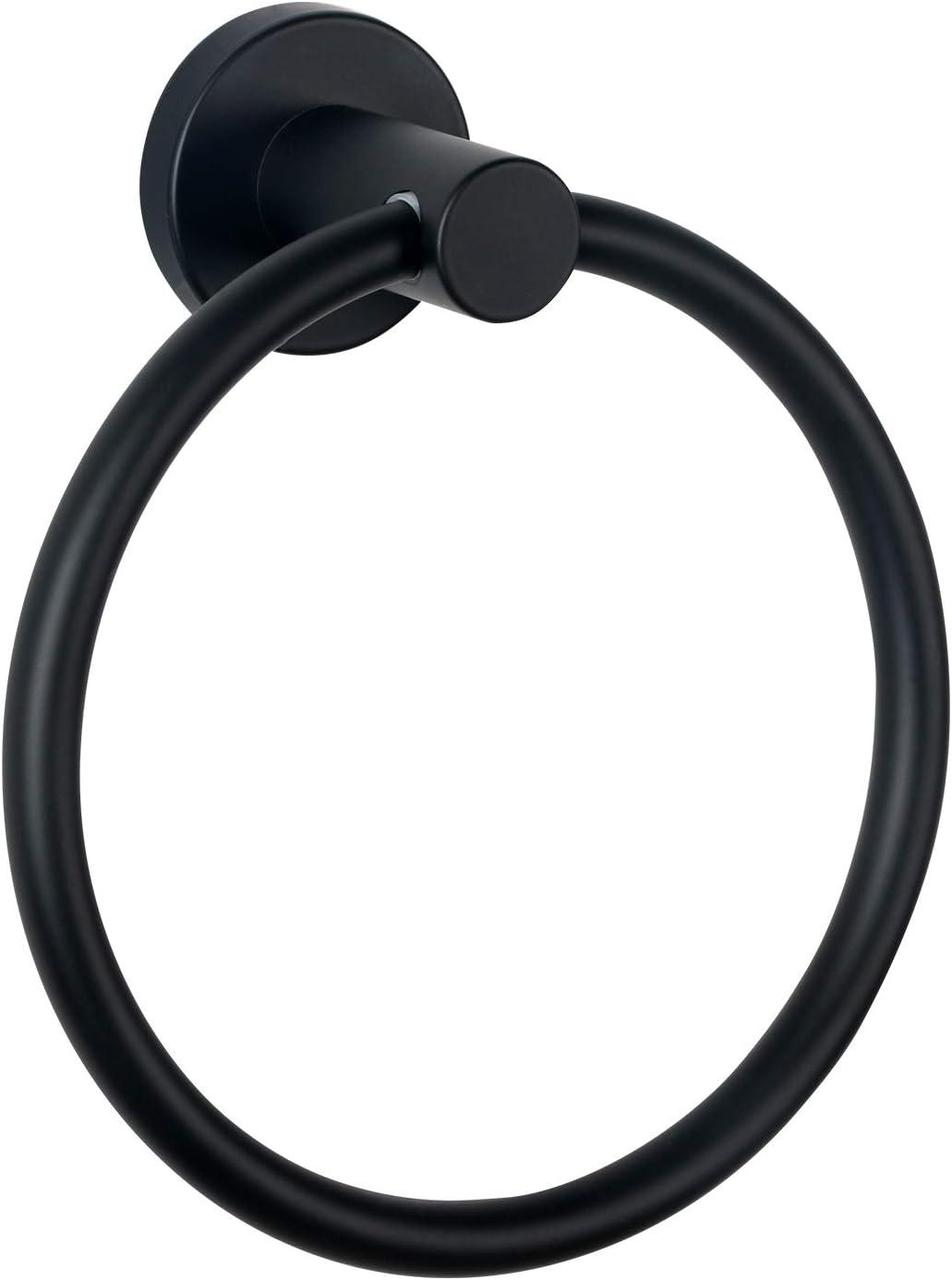 Matte Black Towel Ring for Bathroom Stainless Steel Rustproof Modern Hand Towel Holder Hangers Round Wall Mount Bath Hardware Set with Installation Accessories and Instructions