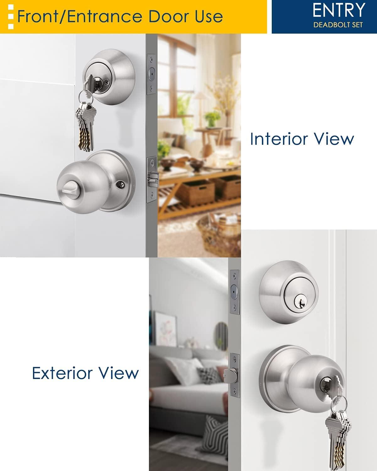 Brushed Nickel Round Stainless Steel Entry Knob and Deadbolt Set