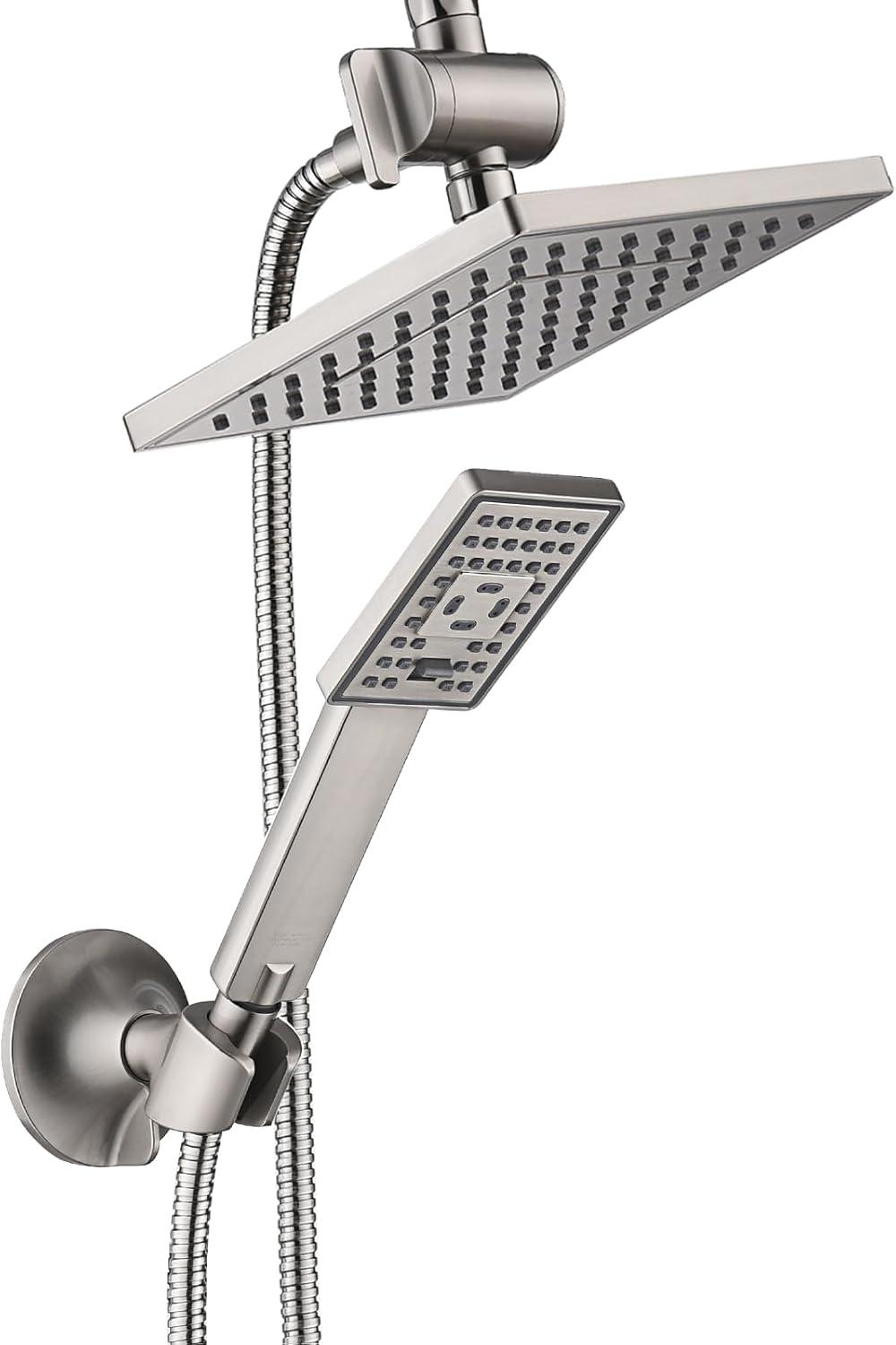 BRIGHT SHOWERS Rain Shower head with Handheld Spray 5 ft. Shower Hose Combo Includes Wall Mount Suction Bracket, 3-Way Water Diverter Mount (8 Inch Square, Brushed Nickel)