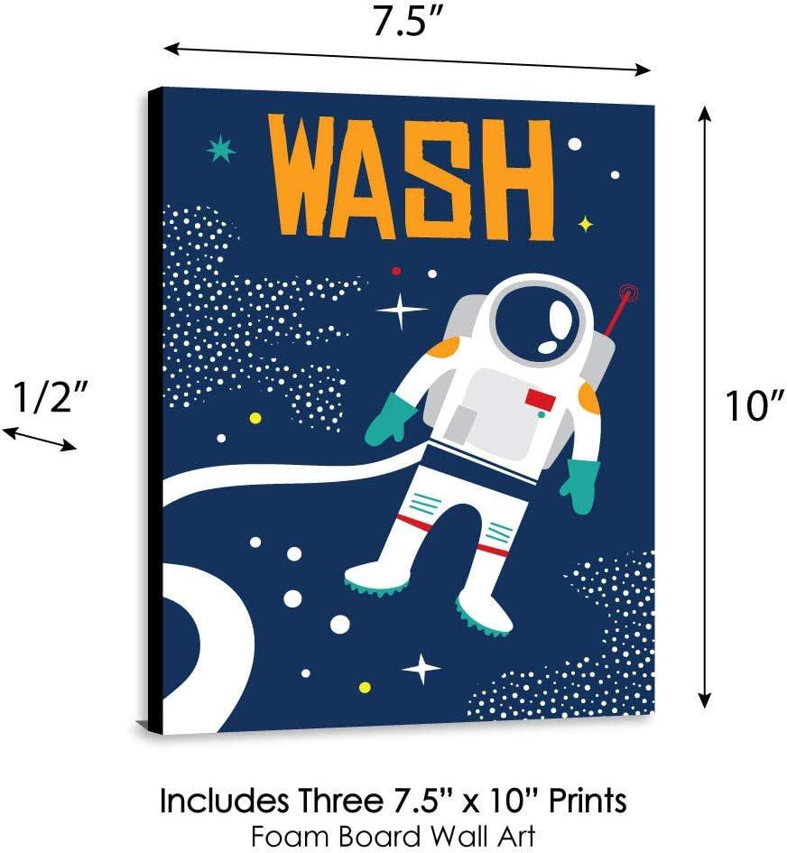 Big Dot of Happiness Blast Off to Outer Space - Kids Bathroom Rules Wall Art - 7.5 x 10 inches - Set of 3 Signs - Wash, Brush, Flush