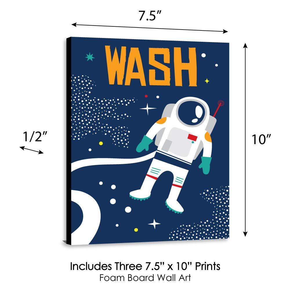Big Dot of Happiness Blast Off to Outer Space - Kids Bathroom Rules Wall Art - 7.5 x 10 inches - Set of 3 Signs - Wash, Brush, Flush