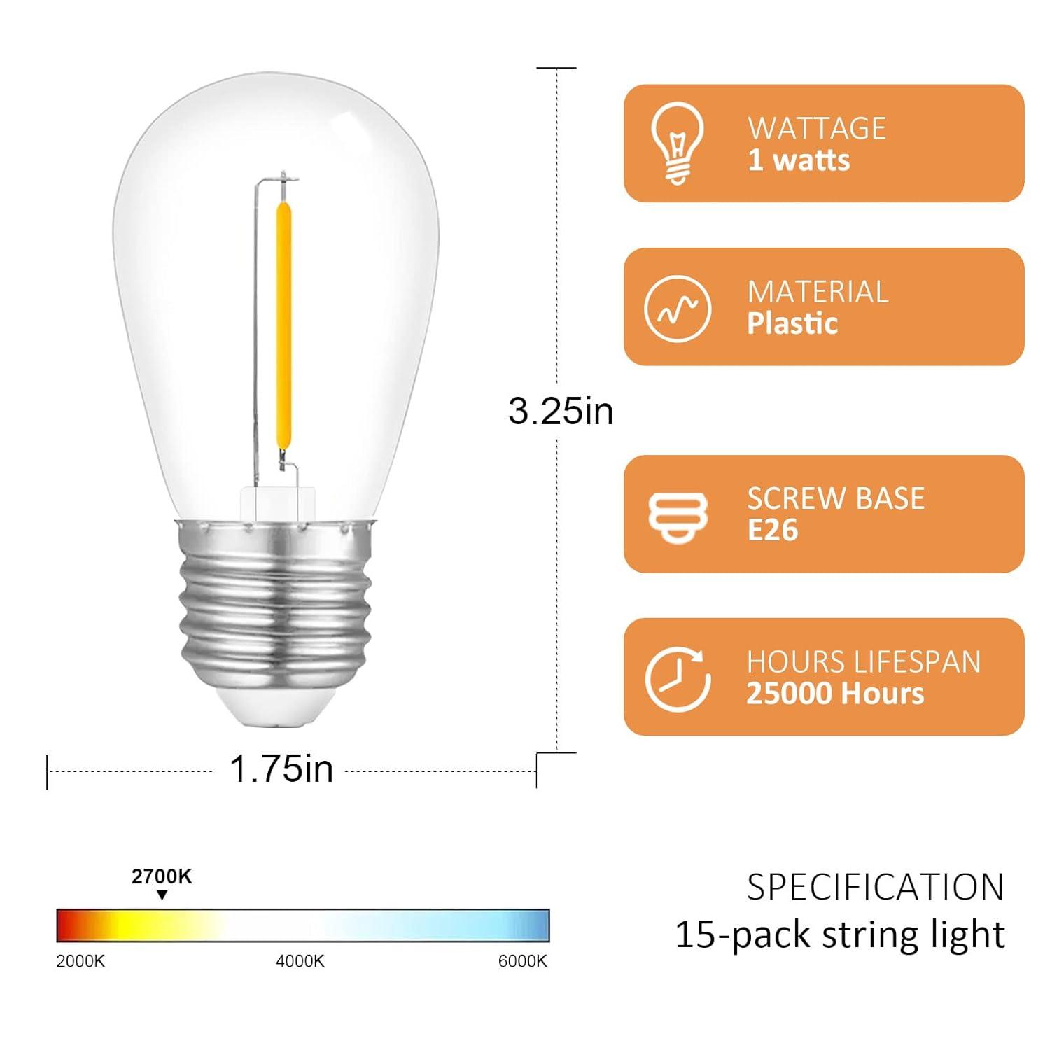 Svater Replacement Bulbs for Outdoor String Lights, 15 Pack S14 LED Bulbs for Patio, E26 Base 1W Bulb Equal to 11W Incandescent, Dimmable,Shatterproof 2700K Warm White