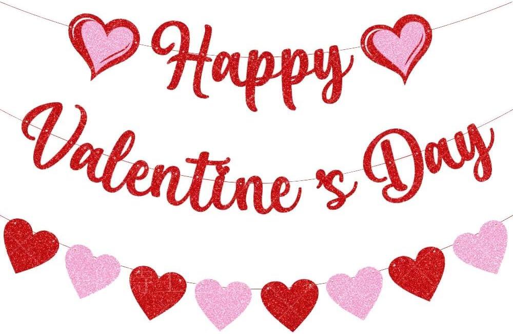 Glittery Heart Valentine's Day Banner, Red & Pink Sparkling Hollow Heart Shape DIY Paper Banner for Wedding Decoration