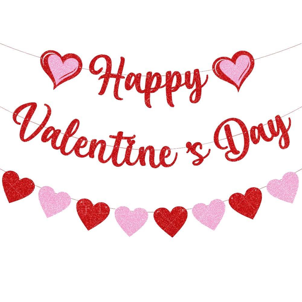 Glittery Heart Valentine's Day Banner, Red & Pink Sparkling Hollow Heart Shape DIY Paper Banner for Wedding Decoration
