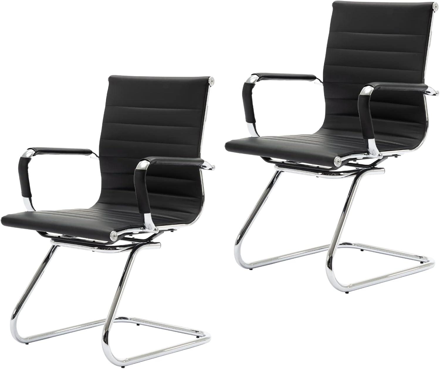 CIMOTA Waiting Room Chairs Leather Office Guest Chair Mid Back Reception Chairs with Sled Base for Meeting/Patient/Conference Room, Retro Black Set of 2