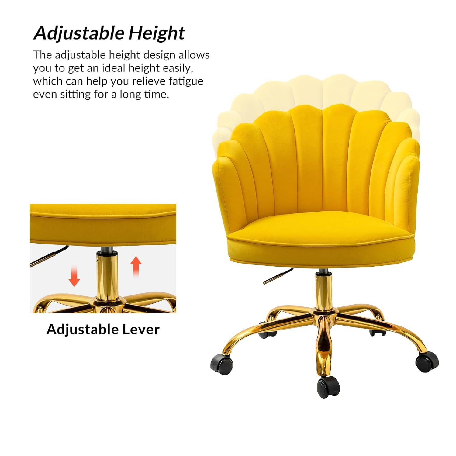 HULALA HOME Velvet Home Office Desk Chair, Modern Shell Back Makeup Vanity Chair with Wheels, Swivel Height Adjustable Cute Task Chair for Women Girls, Yellow