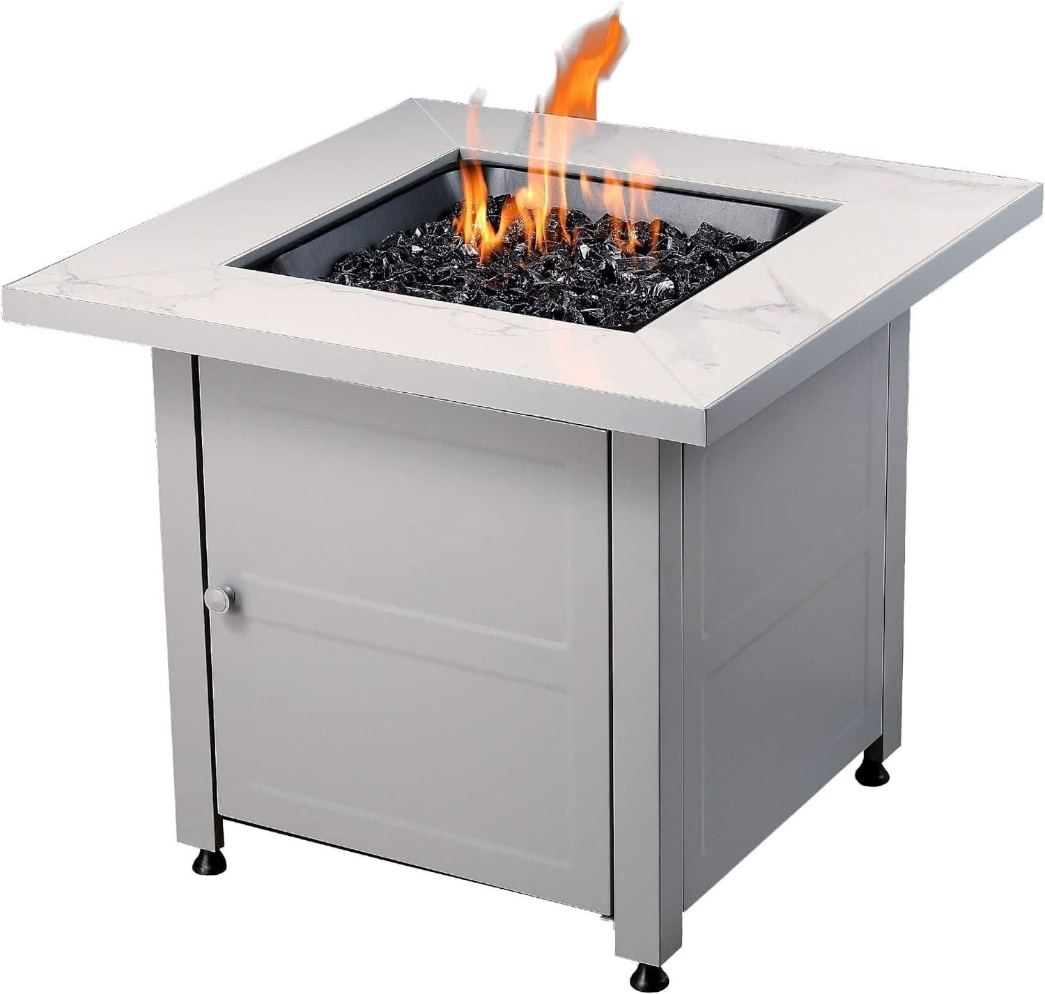 Mr. Bar-B-Q Endless Summer All Weather Outdoor Fire Pit Table with Faux Marble Finish, Black Glass
