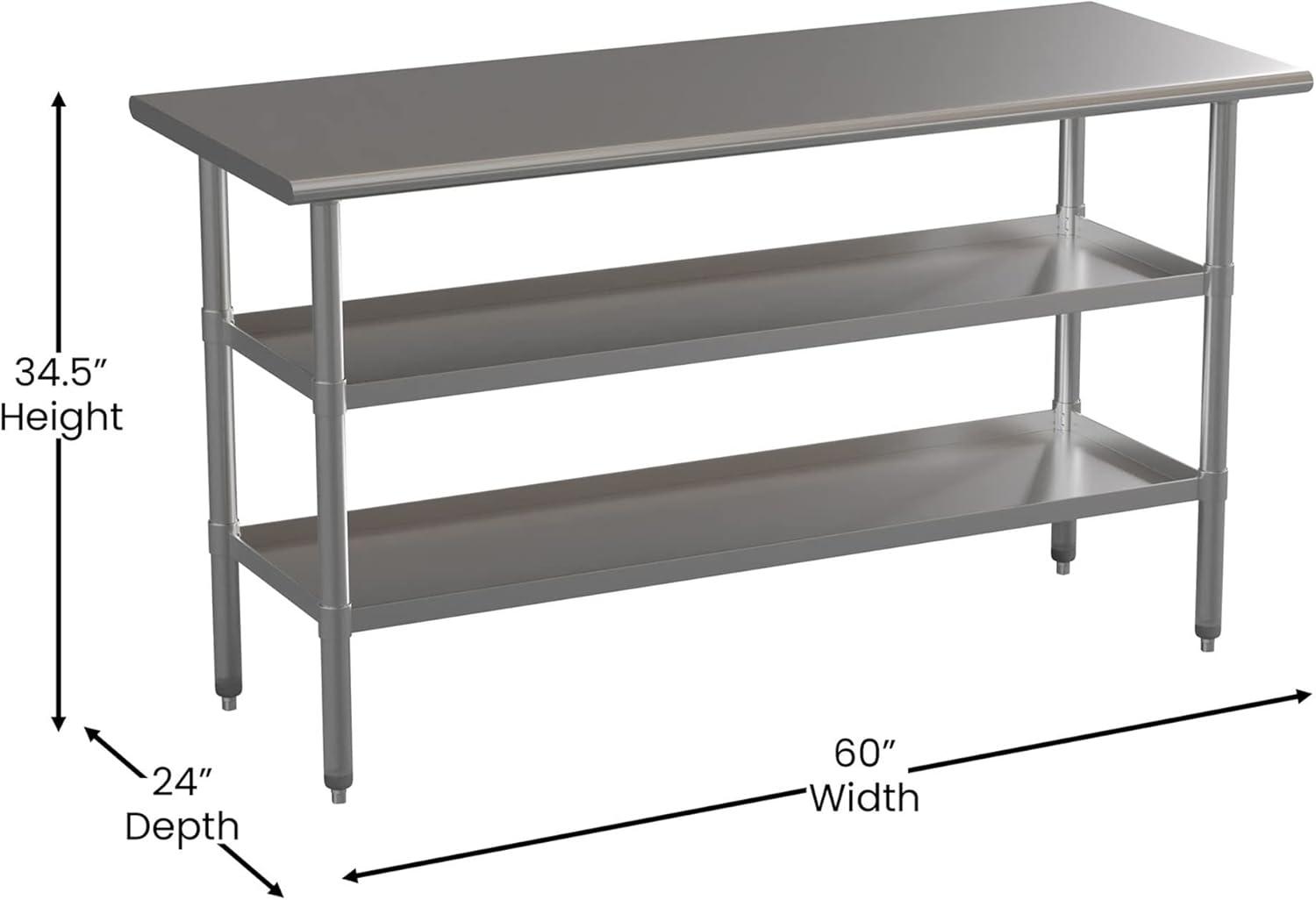 Silver Stainless Steel Kitchen Work Table with Adjustable Shelves