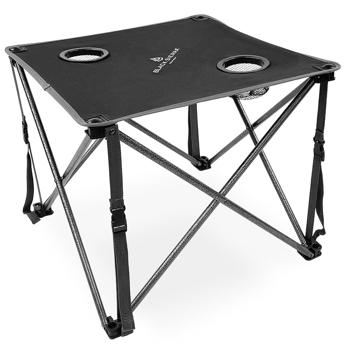 Black Sierra Foldable Camping Table w/ 2 Cup-Holders and Carry Bag, Heavy Duty Frame Supports 45lbs, Perfect for Tailgating, Compact for Storage & Transportation, Portable Outdoor Folding Table