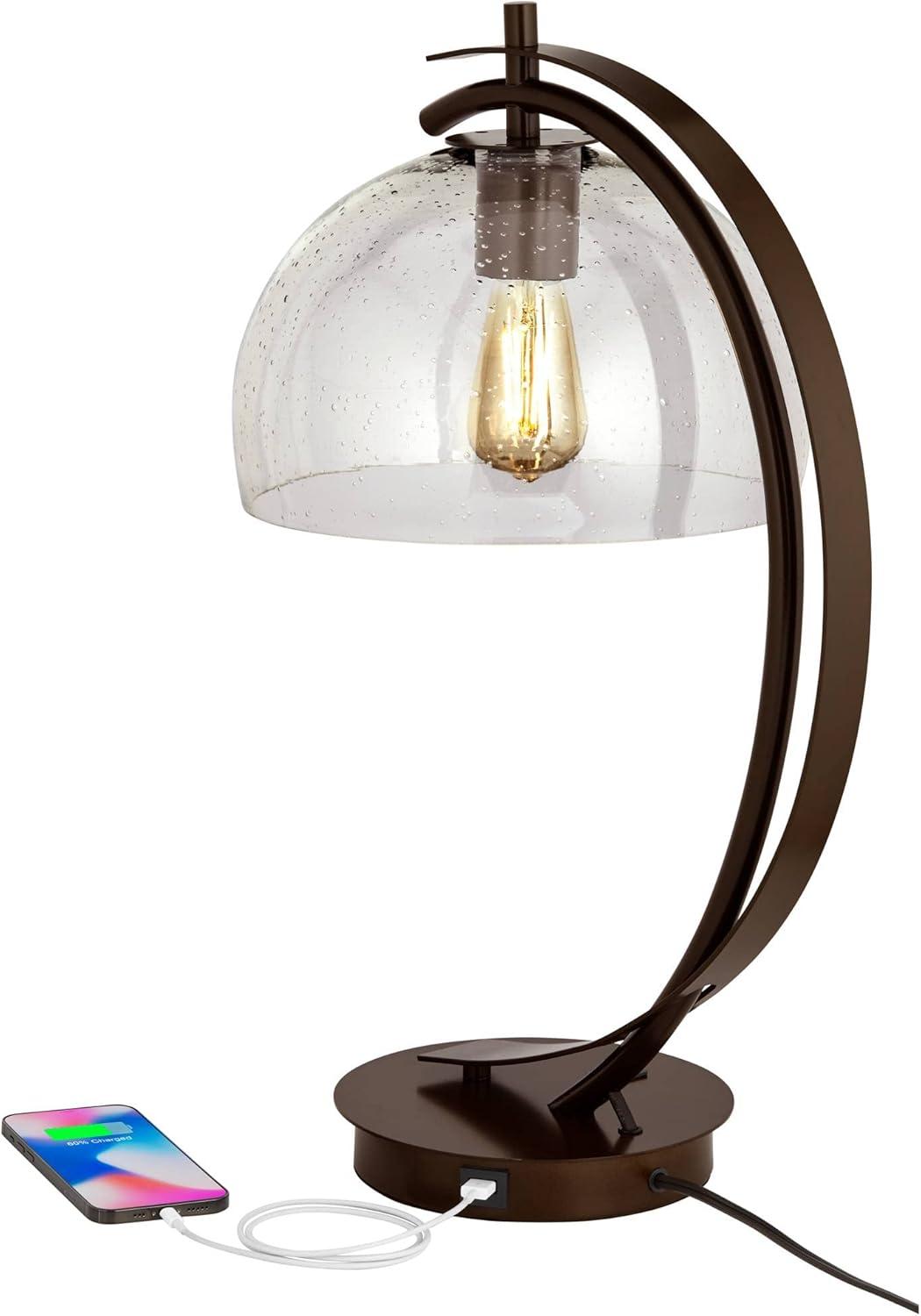 Possini Euro Design Modern Accent Table Lamp with USB Port Filament LED 22.5" High Bronze Metal Glass Dome Shade for Living Room Desk Bedroom