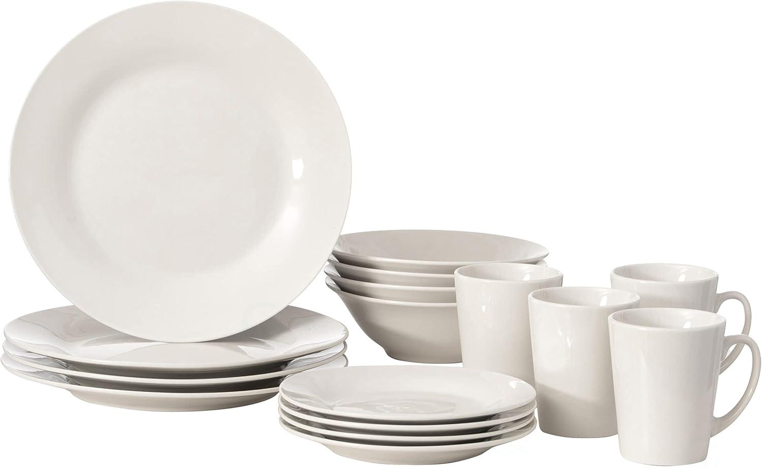 Dinewares 16 PC Spin Wash Dinnerware Dish Set for 4 Person | Mugs, Salad and Dinner Plates and Bowls Sets, Dishwasher and Microwave Safe, White