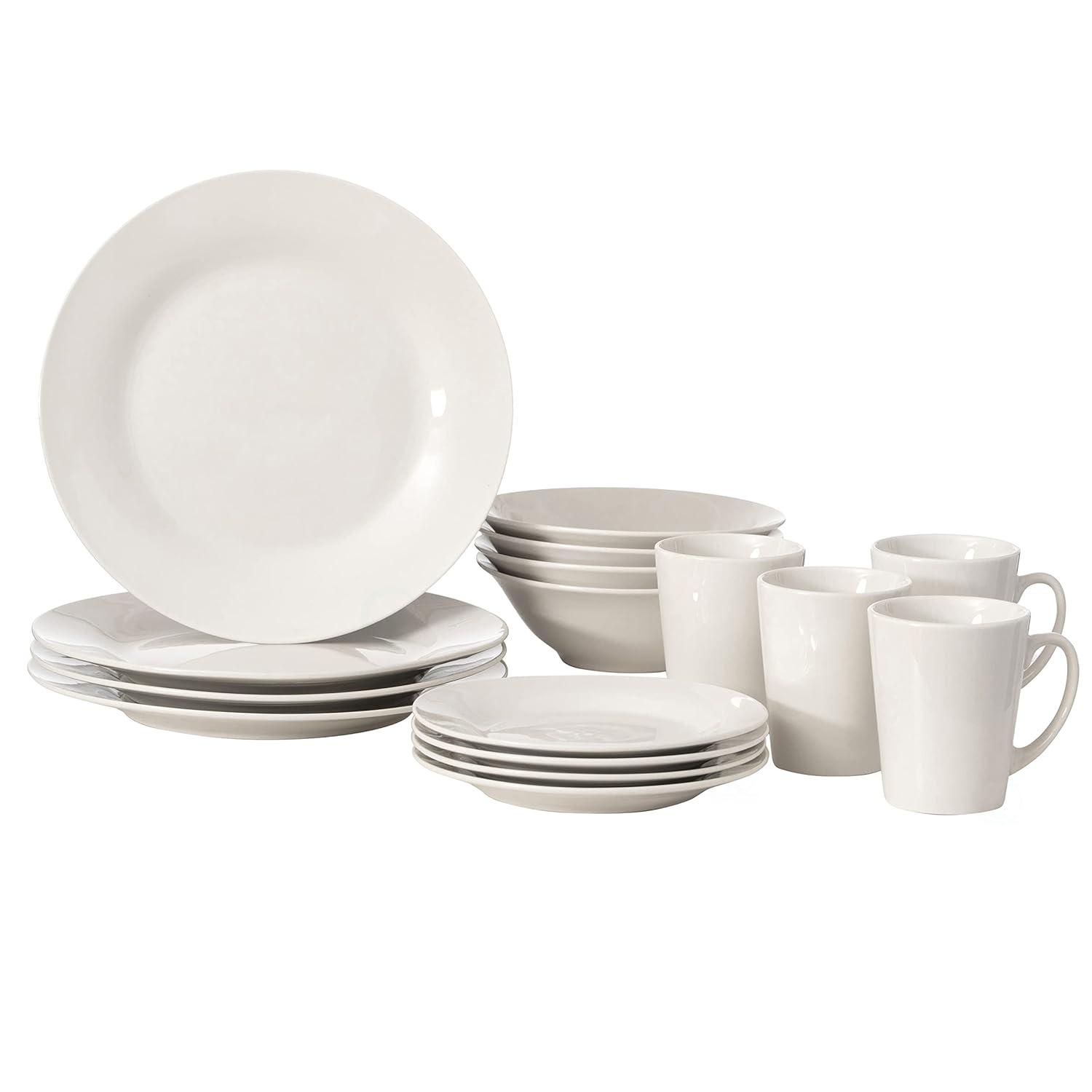 Dinewares 16 PC Spin Wash Dinnerware Dish Set for 4 Person | Mugs, Salad and Dinner Plates and Bowls Sets, Dishwasher and Microwave Safe, White