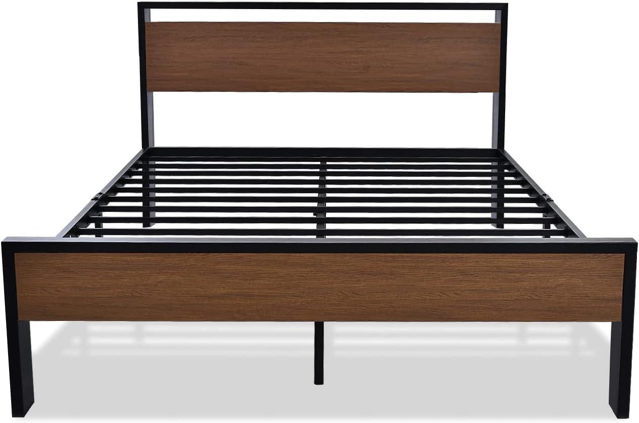 14 Inch Queen Size Metal Platform Bed Frame with Wooden Headboard and Footboard,No Box Spring Needed