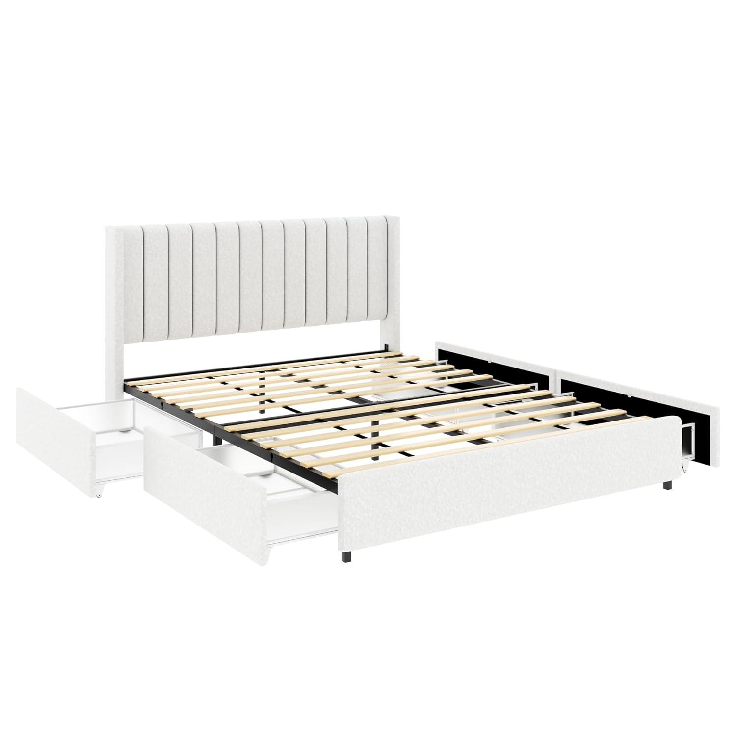 GDFStudio Upholstered Bed with Storage,Queen Size Platform Bed Frame with 4 Drawers Tufted Headboard, Wooden Slat Mattress Support No Box Spring Needed Easy Assembly, Ivory Boucle