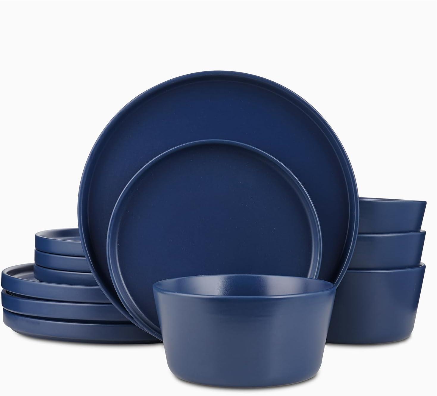 Blue Ceramic 16-Piece Solid Dinnerware Set for 8