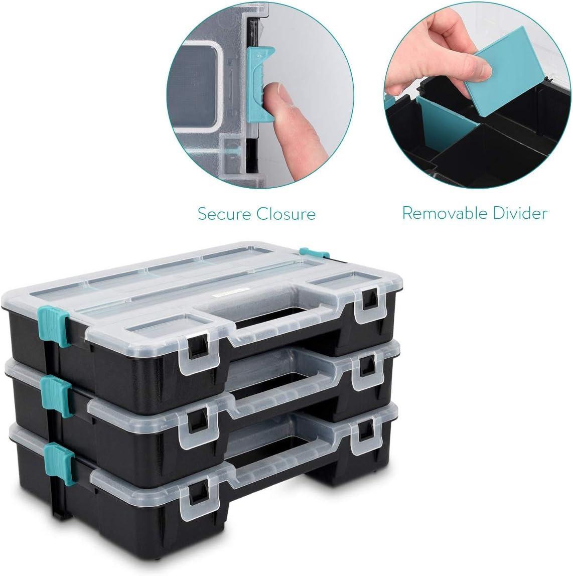 Navaris Plastic Storage Box - Stackable Organizer Case with Adjustable and Removable Divider Compartment for Tools, Small Items, Jewelry - 3 Boxes