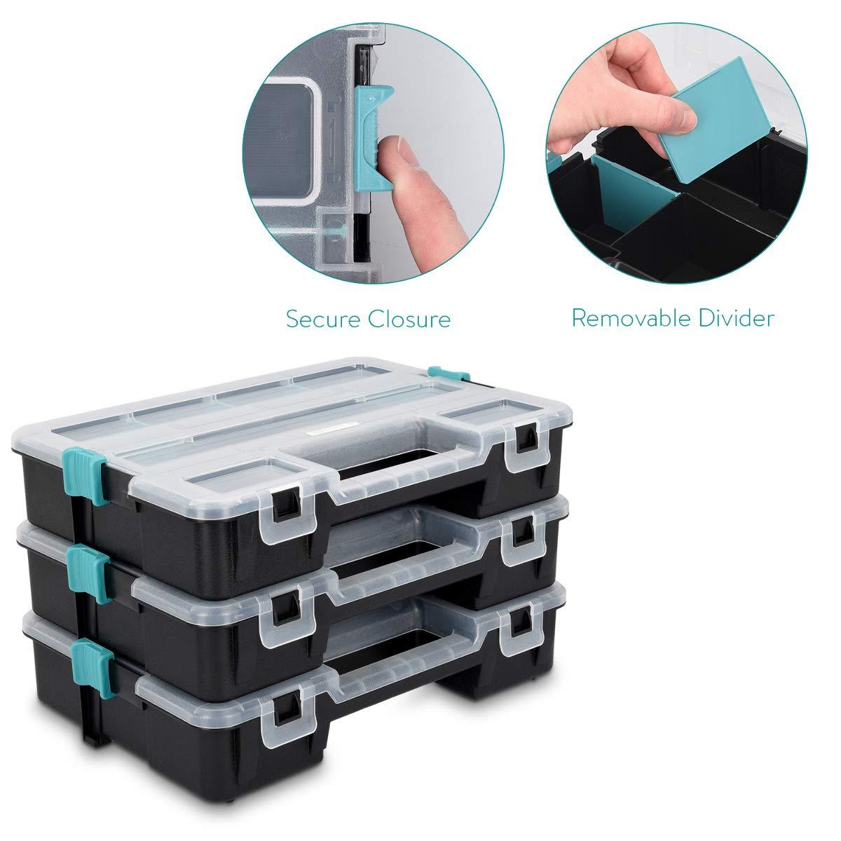 Navaris Plastic Storage Box - Stackable Organizer Case with Adjustable and Removable Divider Compartment for Tools, Small Items, Jewelry - 3 Boxes
