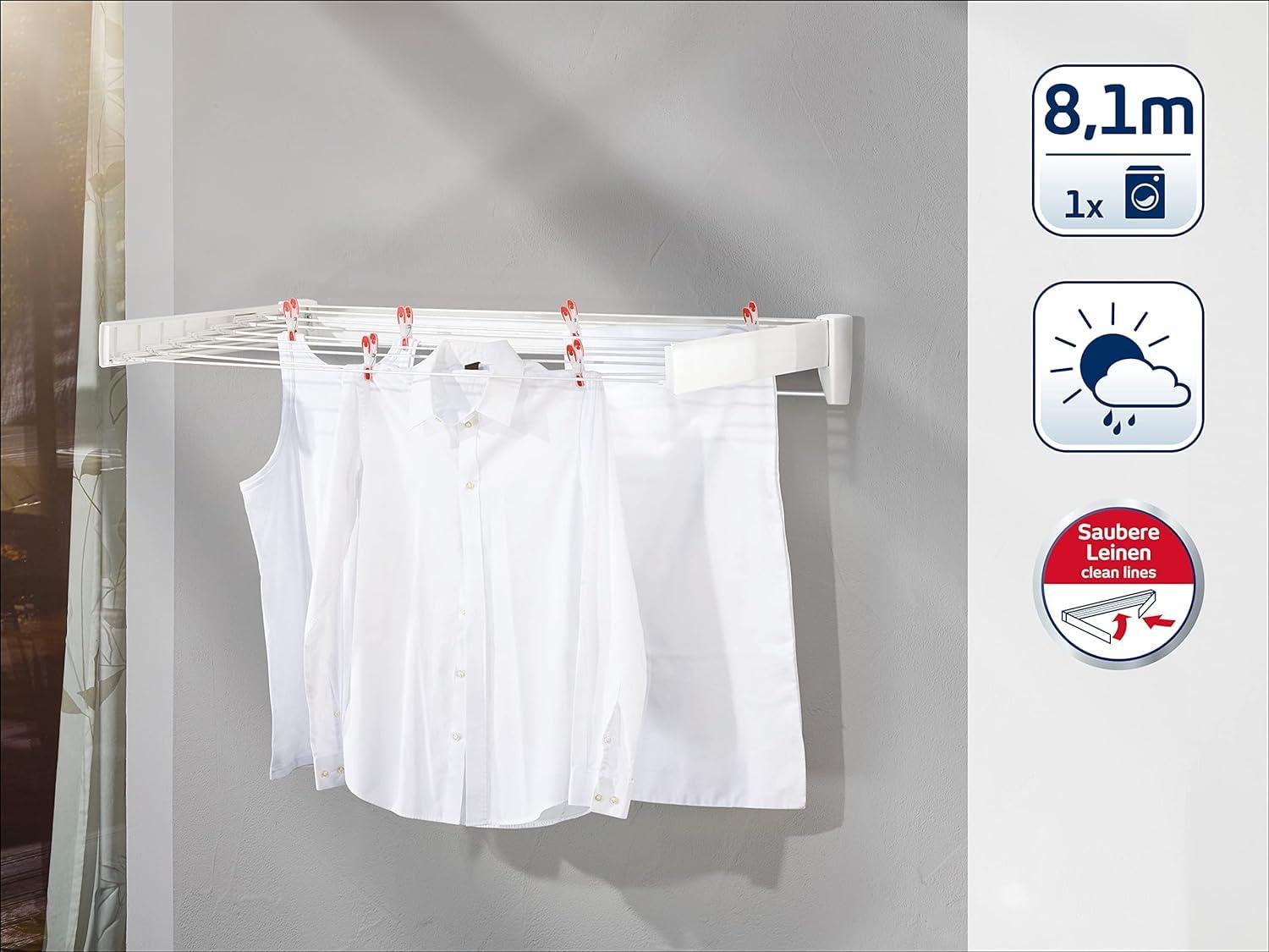 Leifheit Telefix 100 Wall-Mounted Retractable Clothes Drying Rack with 8 Rods, 26 ft. of Drying Space & Sleek Design for Laundry or Dorm Rooms, White