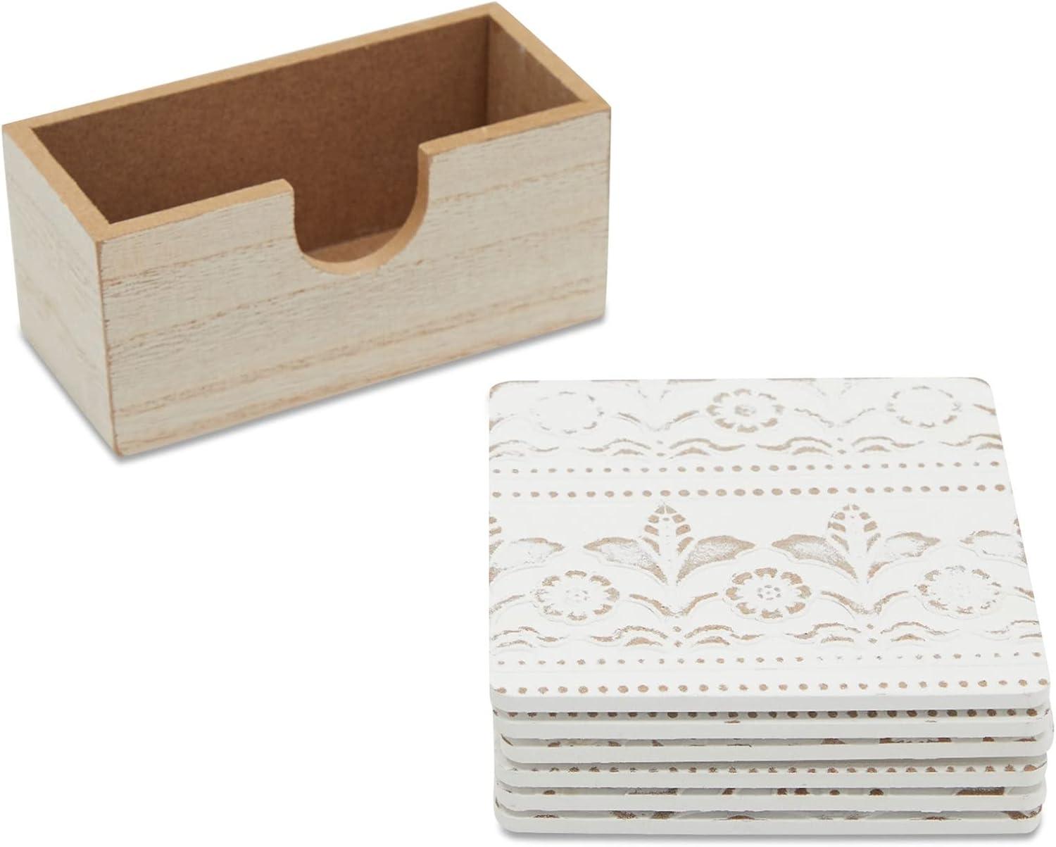 White Floral Wooden Coasters with Holder, Set of 6