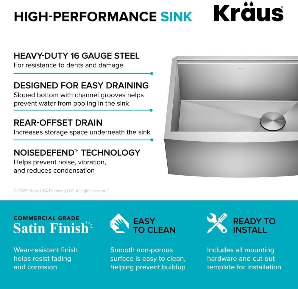 KRAUS Kore™ 24" L Farmhouse Apron Front Workstation 16 Gauge Stainless Steel Single Bowl Kitchen Sink with Accessories