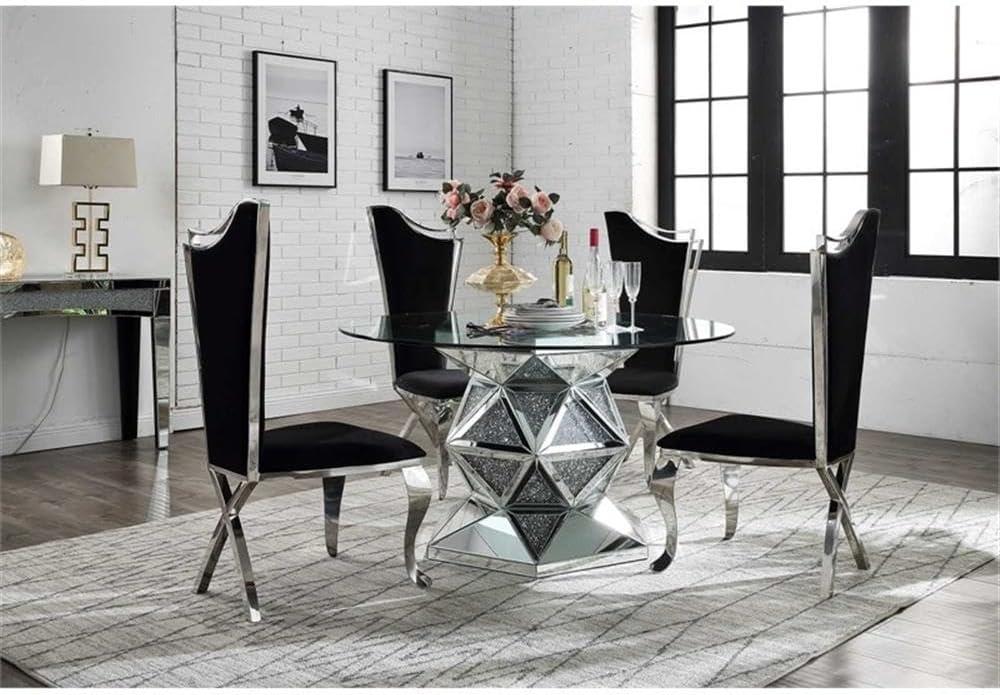 ACME Noralie Round Glass Top Dining Table in Mirrored and Faux Diamonds