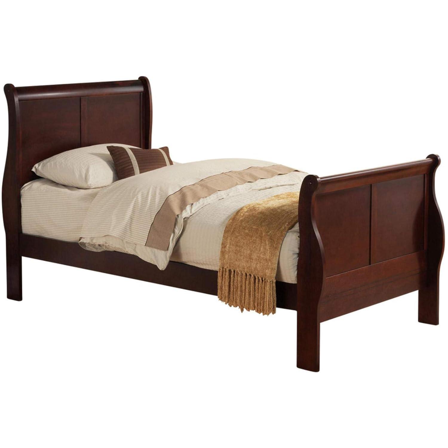 Benjara Transitional Panel Design Sleigh Twin Size Bed, Cherry Brown