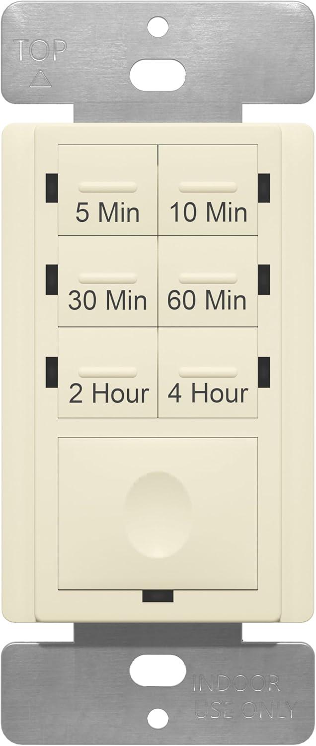 ENERLITES 4-Hour Countdown Timer Switch, 5-10-30-60 Min, 2-4 Hour, for Bathroom Fans, Heaters, Lights, LED Indicator, 120VAC 800W, No Neutral Wire Required, UL Listed, HET06-J-LA, Light Almond