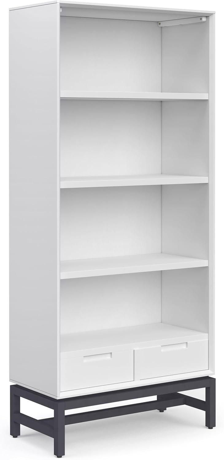 Simpli Home Banting 30"W Solid Wood 4 Shelf Industrial Bookcase with 2 Drawers, Adjustable Shelves, and Metal Base