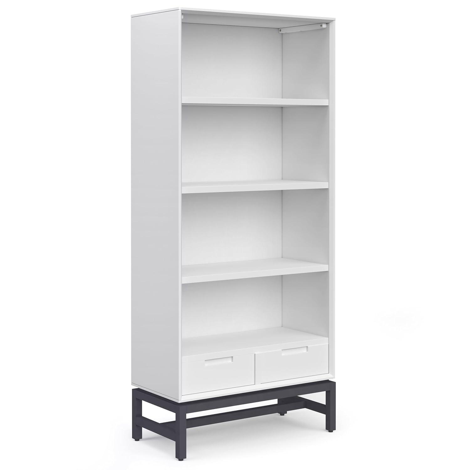 Simpli Home Banting 30"W Solid Wood 4 Shelf Industrial Bookcase with 2 Drawers, Adjustable Shelves, and Metal Base