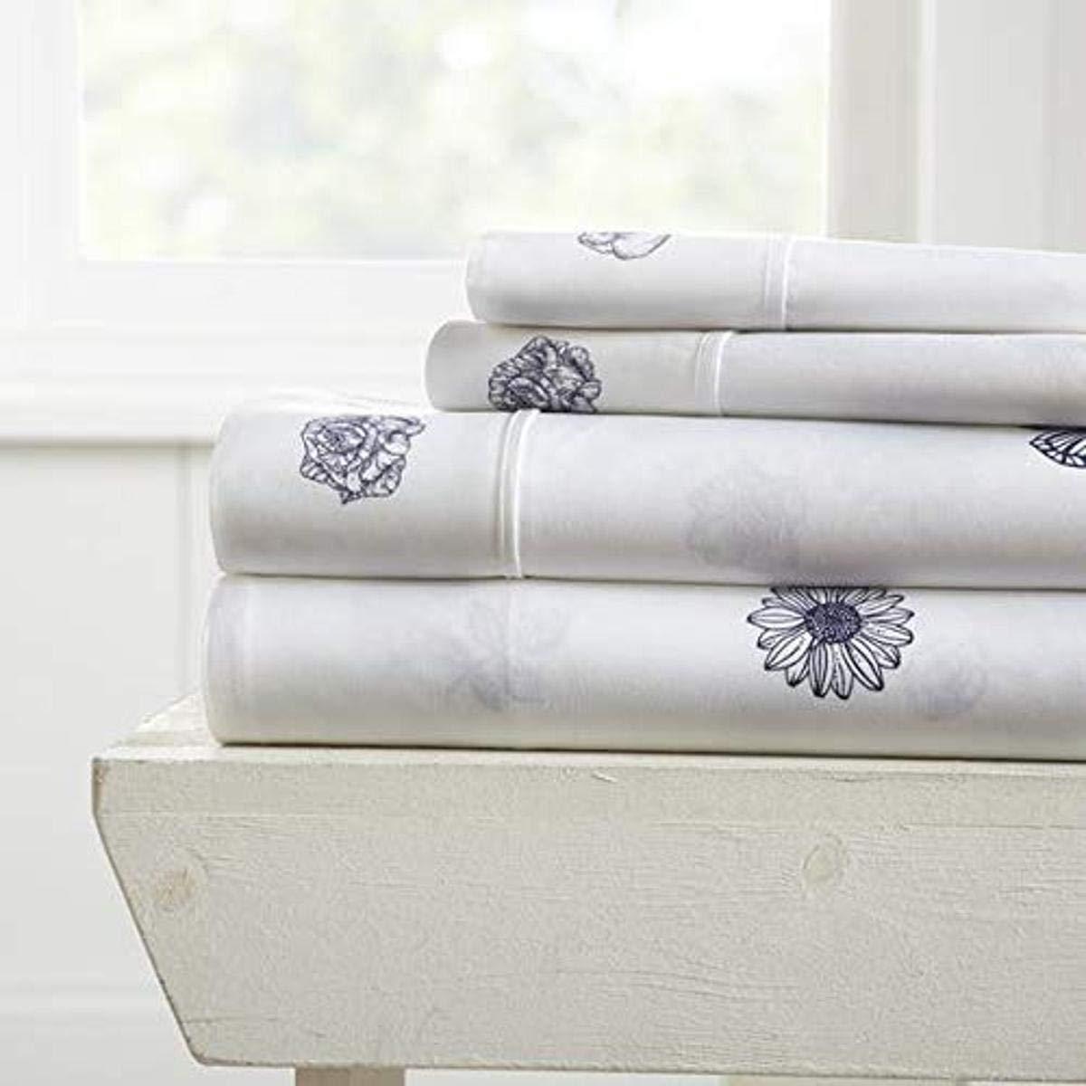 Full Size Gray and White Floral Microfiber Sheet Set