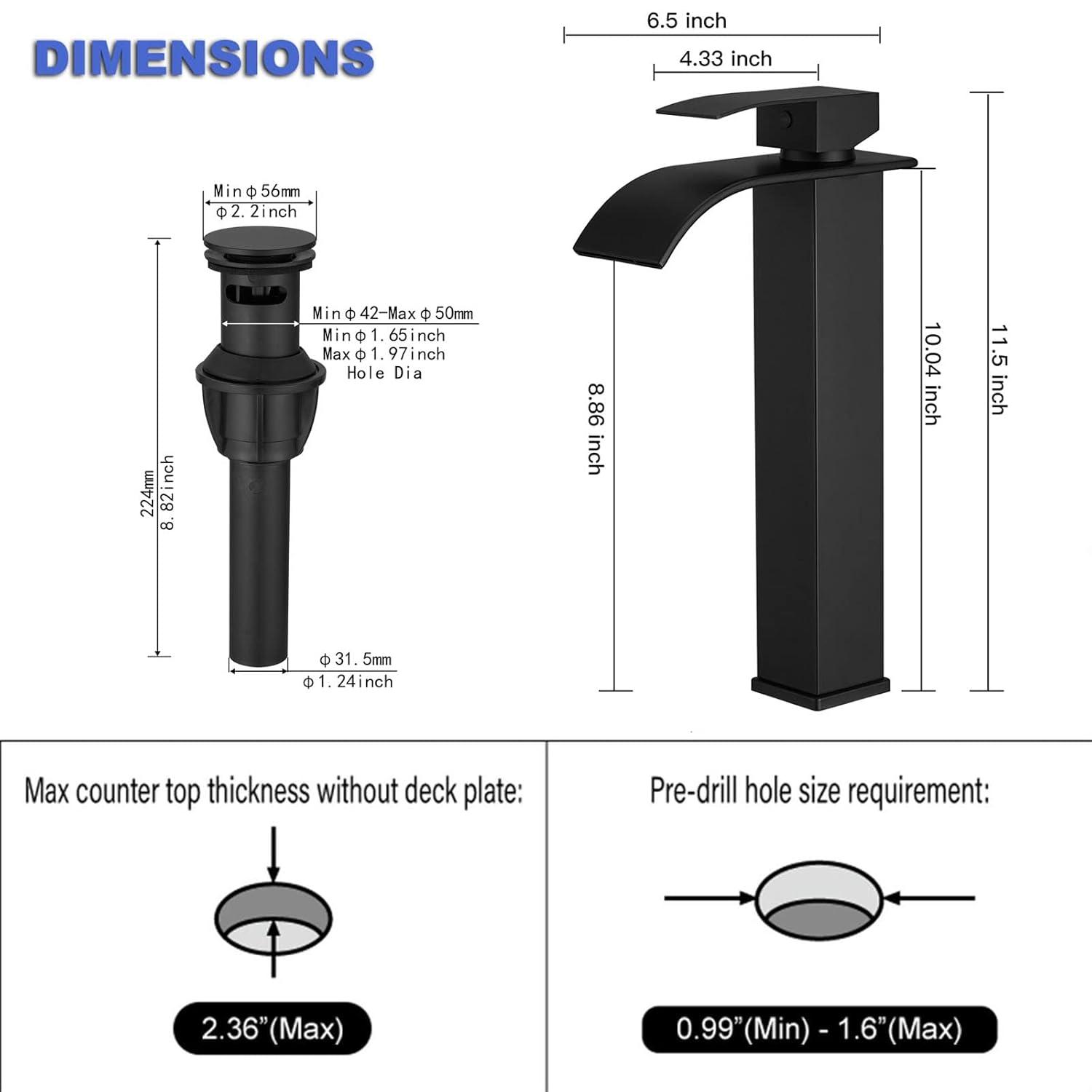 Waterfall Bathroom Faucet Single Handle，Bathroom Sink Faucet 1 Hole，Waterfall Faucet for Bathroom Sink，Vessel Sink Faucet Matte Black Tall Bathroom Faucet