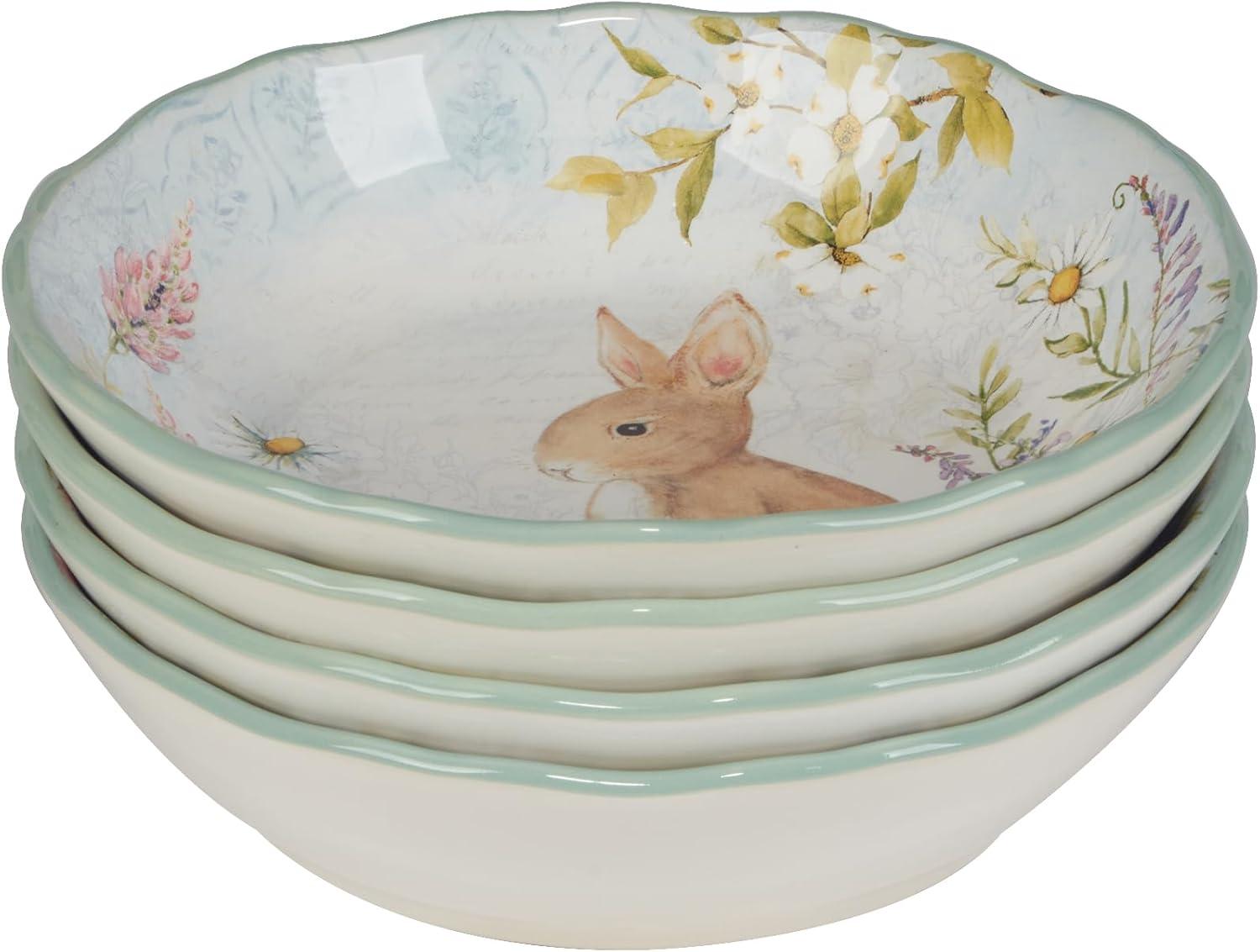 Certified International Easter Meadow Set of 4 Soup Bowls – 22oz Ceramic Bowls with Bunny, Flower & Butterfly Design – Ideal for Soup, Pasta & Salad – Durable, Microwave & Dishwasher Safe for Spring Dining (Set of 4)