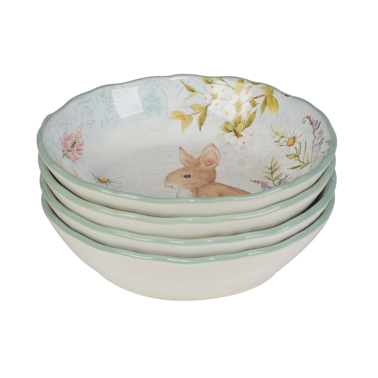 Certified International Easter Meadow Set of 4 Soup Bowls – 22oz Ceramic Bowls with Bunny, Flower & Butterfly Design – Ideal for Soup, Pasta & Salad – Durable, Microwave & Dishwasher Safe for Spring Dining (Set of 4)