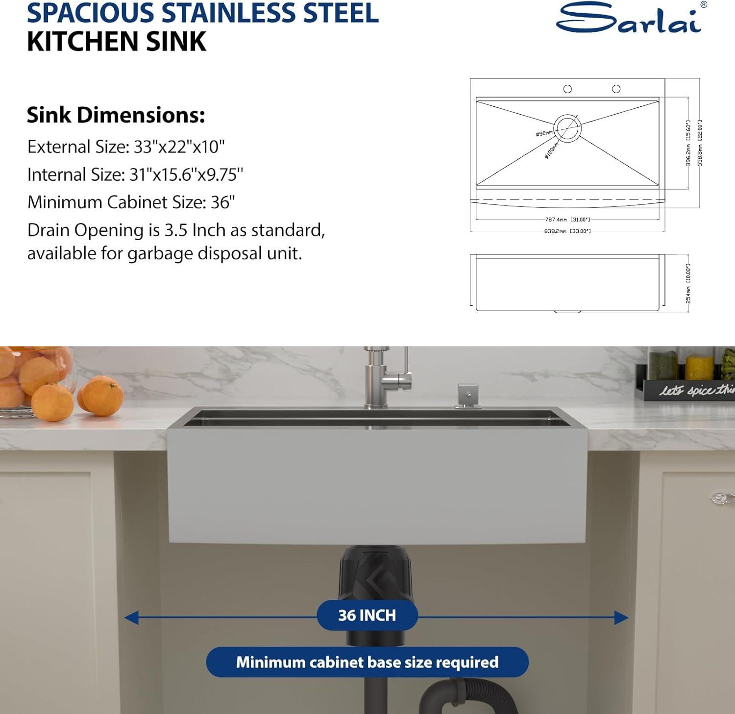 33-Inch Brushed Stainless Steel Farmhouse Drop-In Sink with Accessories