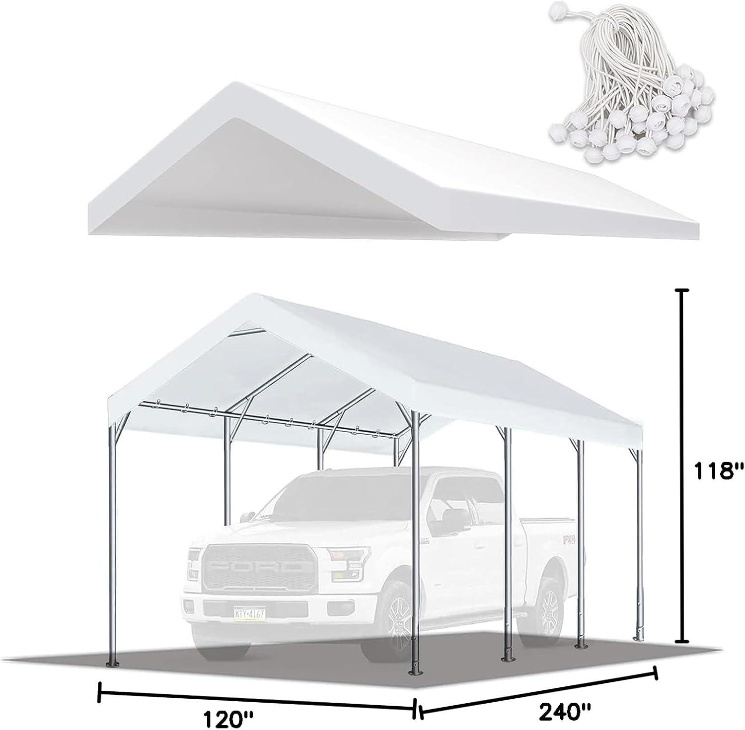 White 10'x20' PE Carport Replacement Canopy Cover with Bungees