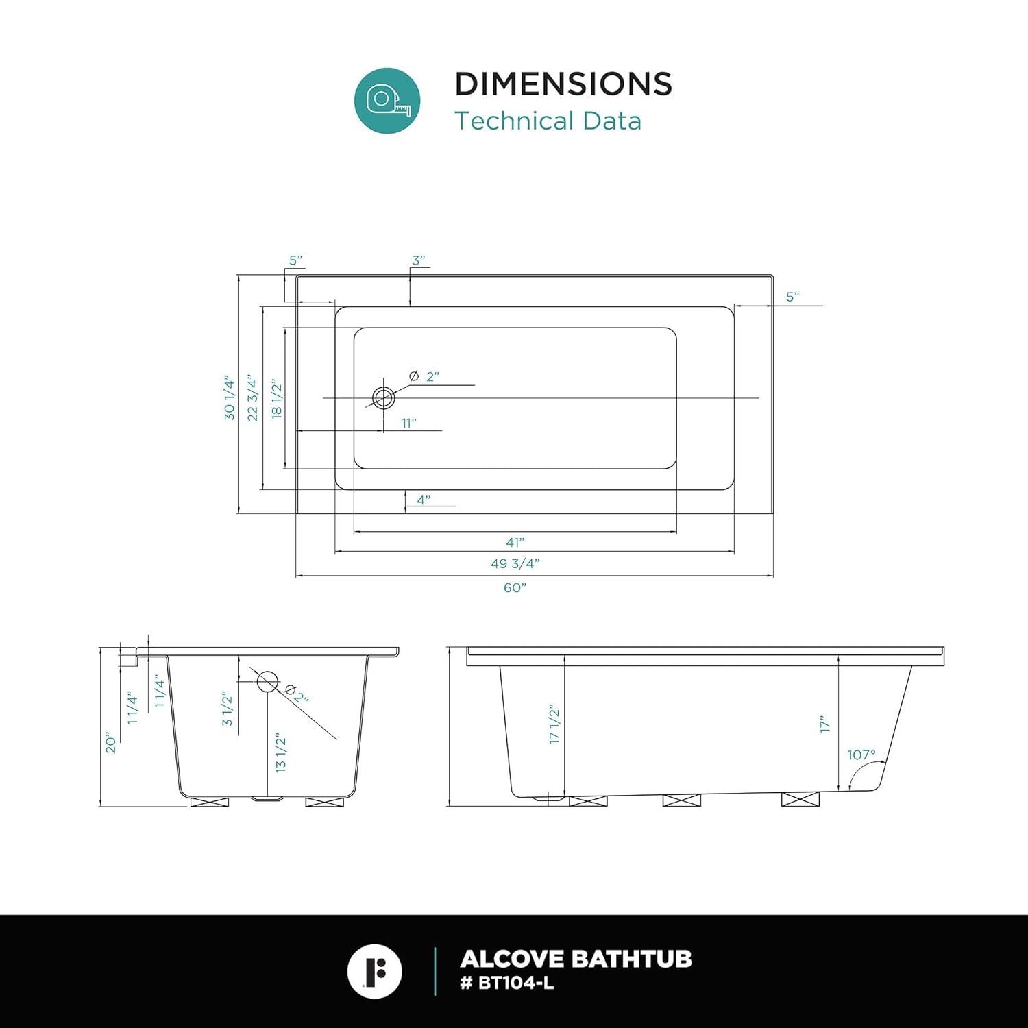 Fine Fixtures Acrylic Fiberglass Drop-In Bathtub - Alcove Soaking Bath Tub with Integral Apron Front & Left Hand Drain, 60"x30" Glossy White - Durable, Modern Soaking Tub for Relaxation & Comfort