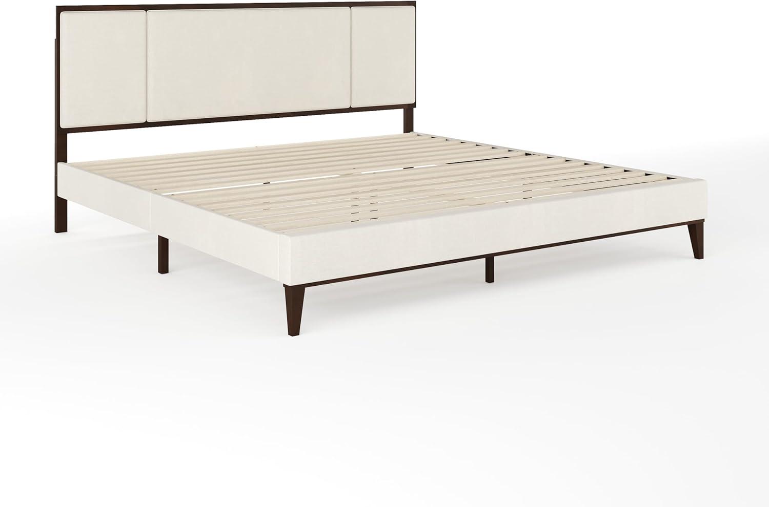 King Dark Brown Upholstered Wood Frame Platform Bed with Headboard