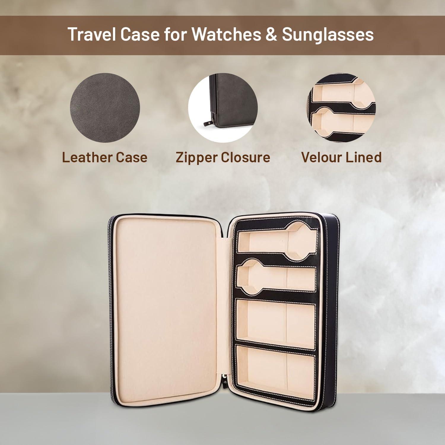 Black Leather Two Watch and Two Sunglass Travel Case with Form Fit Compartments with Zipper Closure.