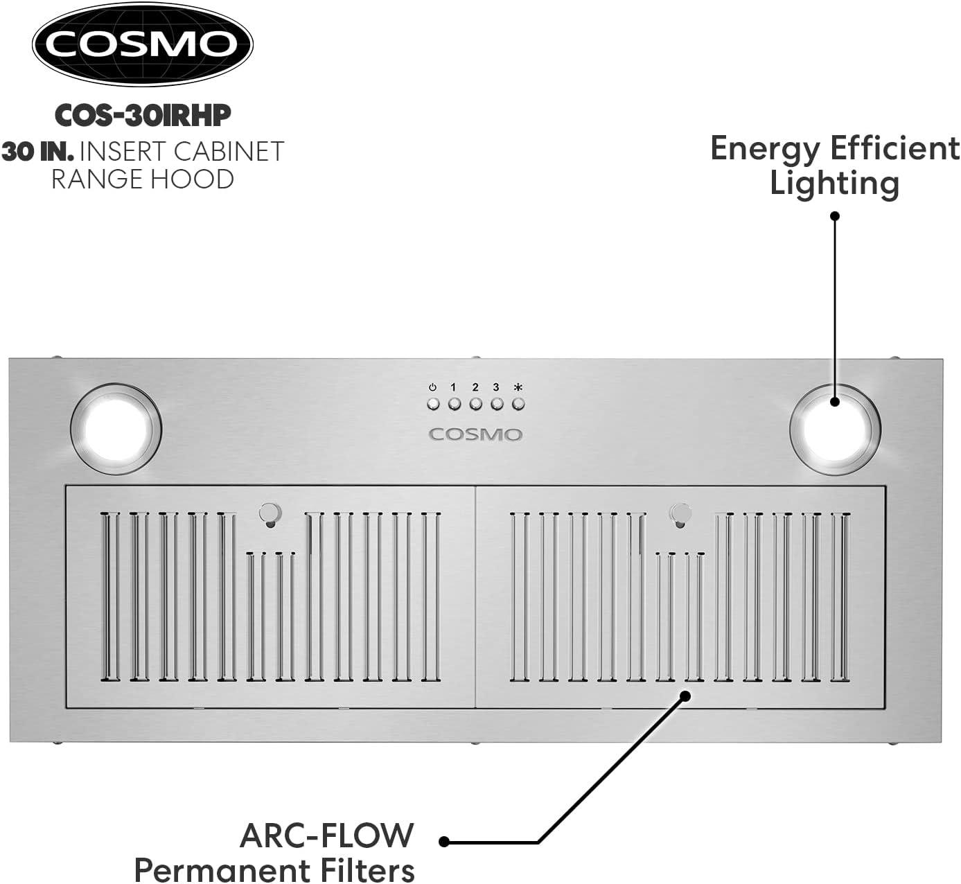 Cosmo 30 in. Insert Range Hood w/ Push Button Controls, 3-speed Fan, LED Lights and Permanent Filter