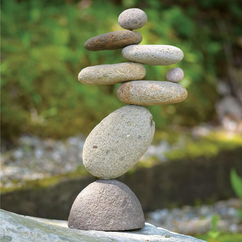 Ancient Graffiti Eight Stone Cairns Garden Sculpture – Natural River Rock Zen Yard Décor, Outdoor Stone Stack Ornament, 14"