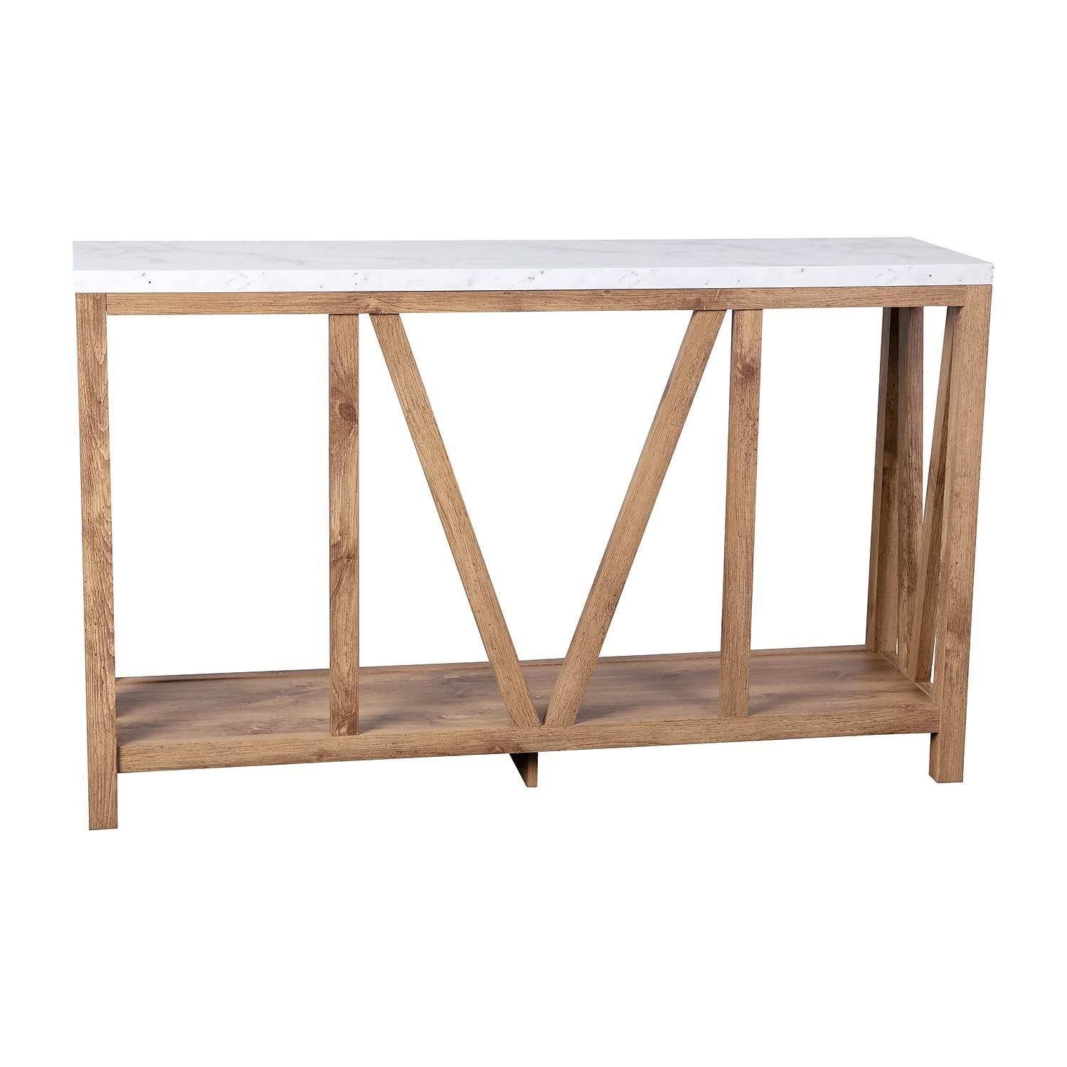 Flash Furniture Farmhouse Style Rustic Entryway Console Table - Warm Oak/Marble Finish Top