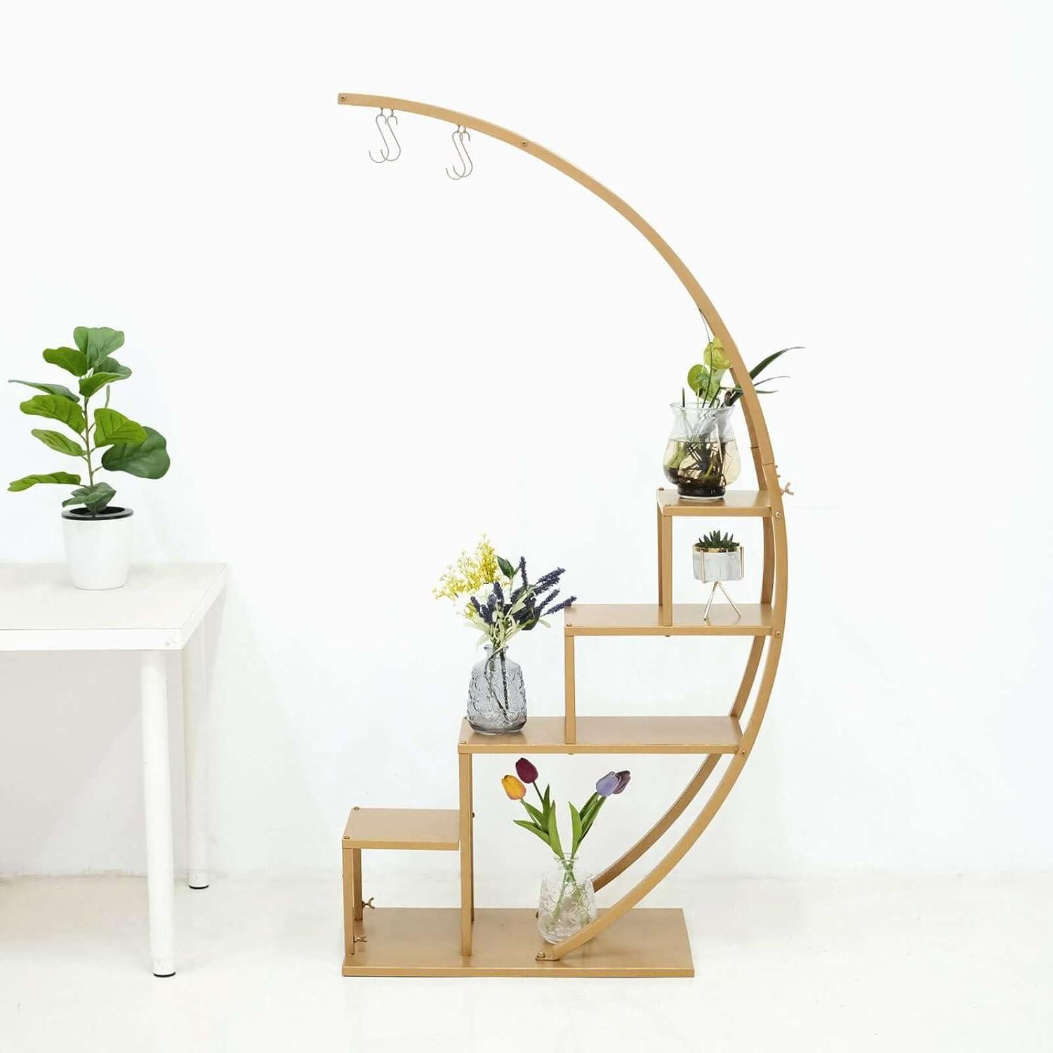 Efavormart 40.55" x 14.17" x 3.94" 4-Tier Gold Metal Half Moon Plant Stand
