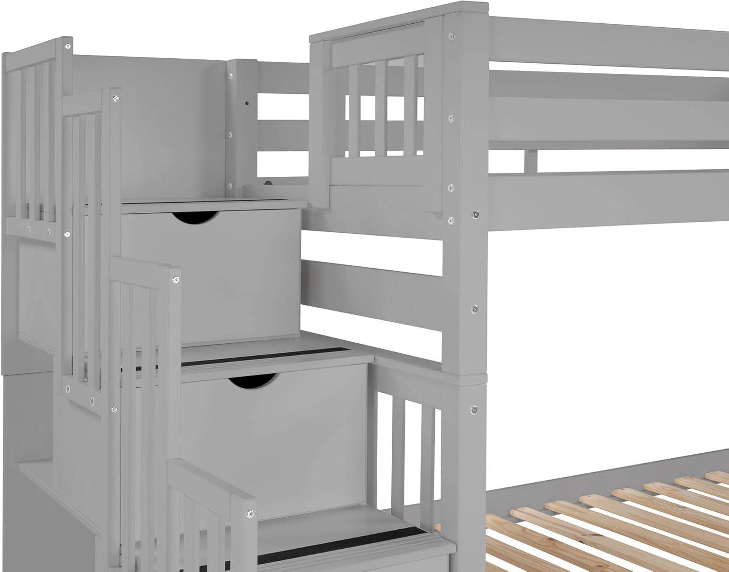 Bedz King Tall Stairway Bunk Beds Twin over Twin with 4 Drawers in the Steps and 2 Under Bed Drawers, Gray