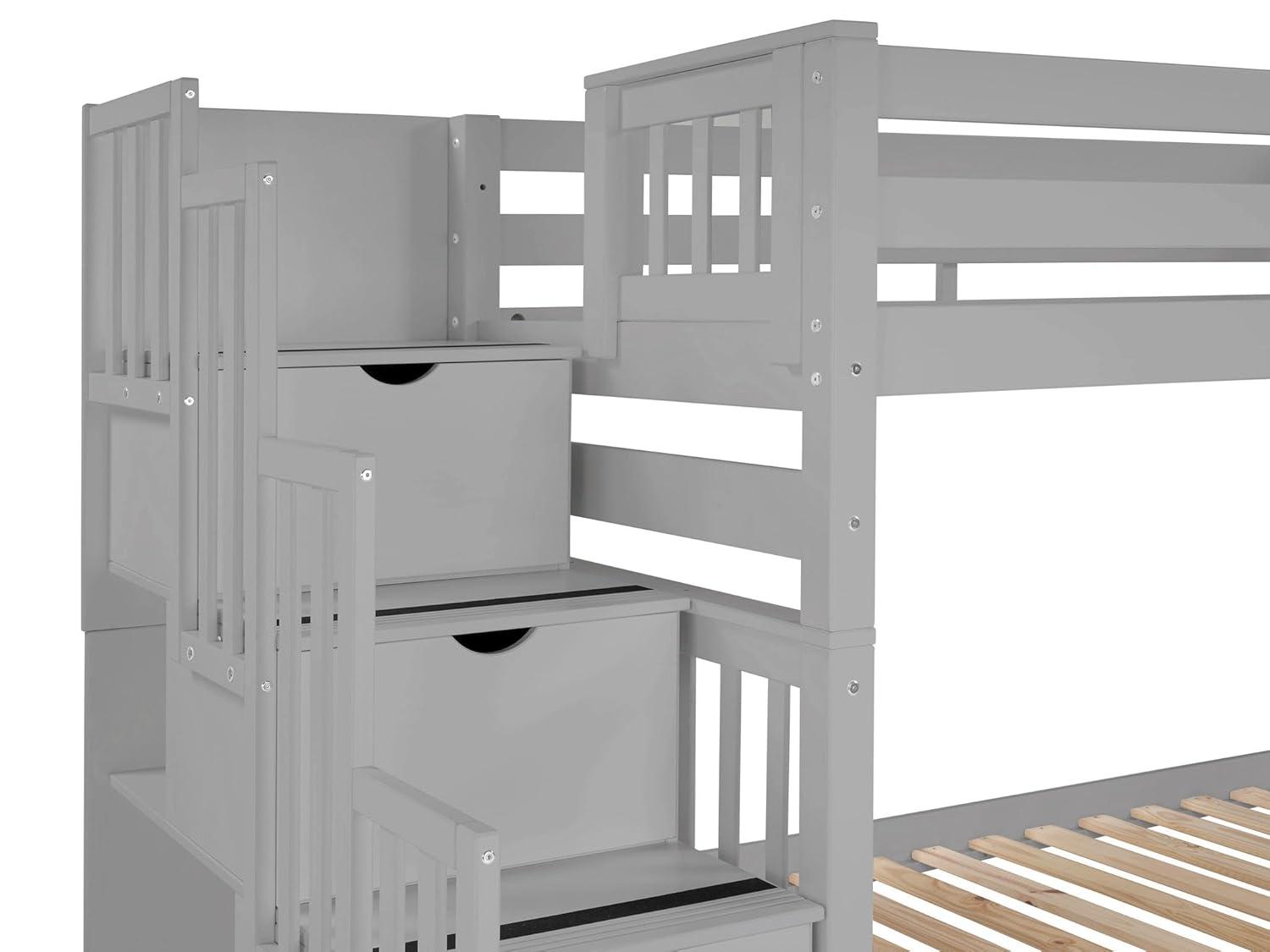Bedz King Tall Stairway Bunk Beds Twin over Twin with 4 Drawers in the Steps and 2 Under Bed Drawers, Gray