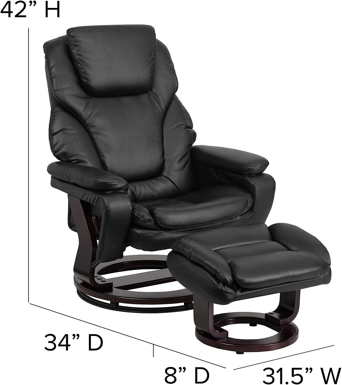 Black Leather Swivel Recliner with Ottoman and Wood Base