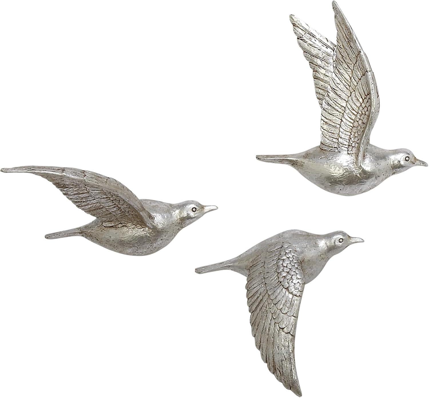 Silver Polystone Bird Wall Sculpture Set of 3