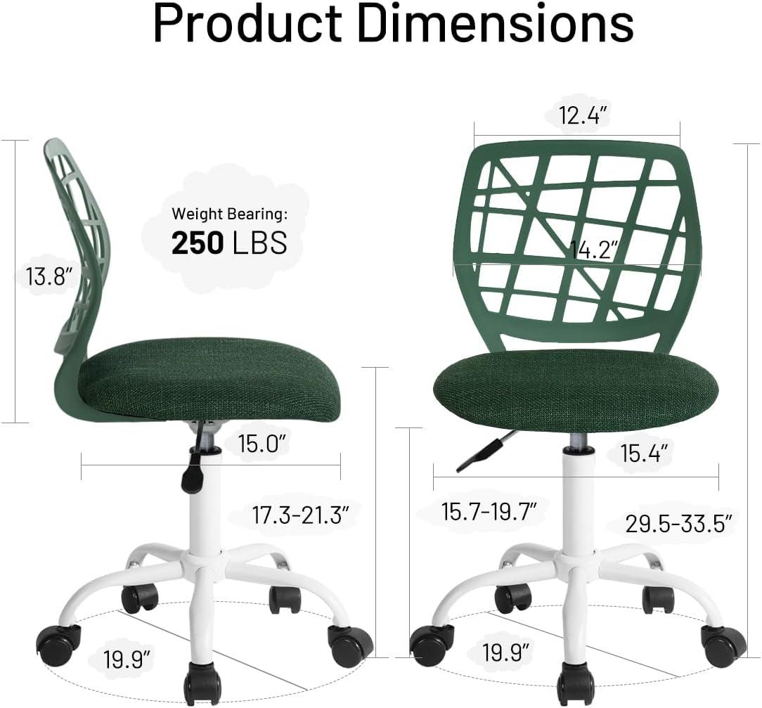 Kids Desk Chair, Fabric Office Chair Armless Small Mid Back Swivel Children Computer Task Chair Ergonomic Height Adjustable Study Chairs with Swivel Padded Cushion and Rolling Wheels, Dark Green