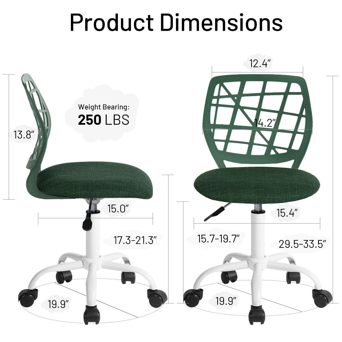 Kids Desk Chair, Fabric Office Chair Armless Small Mid Back Swivel Children Computer Task Chair Ergonomic Height Adjustable Study Chairs with Swivel Padded Cushion and Rolling Wheels, Dark Green