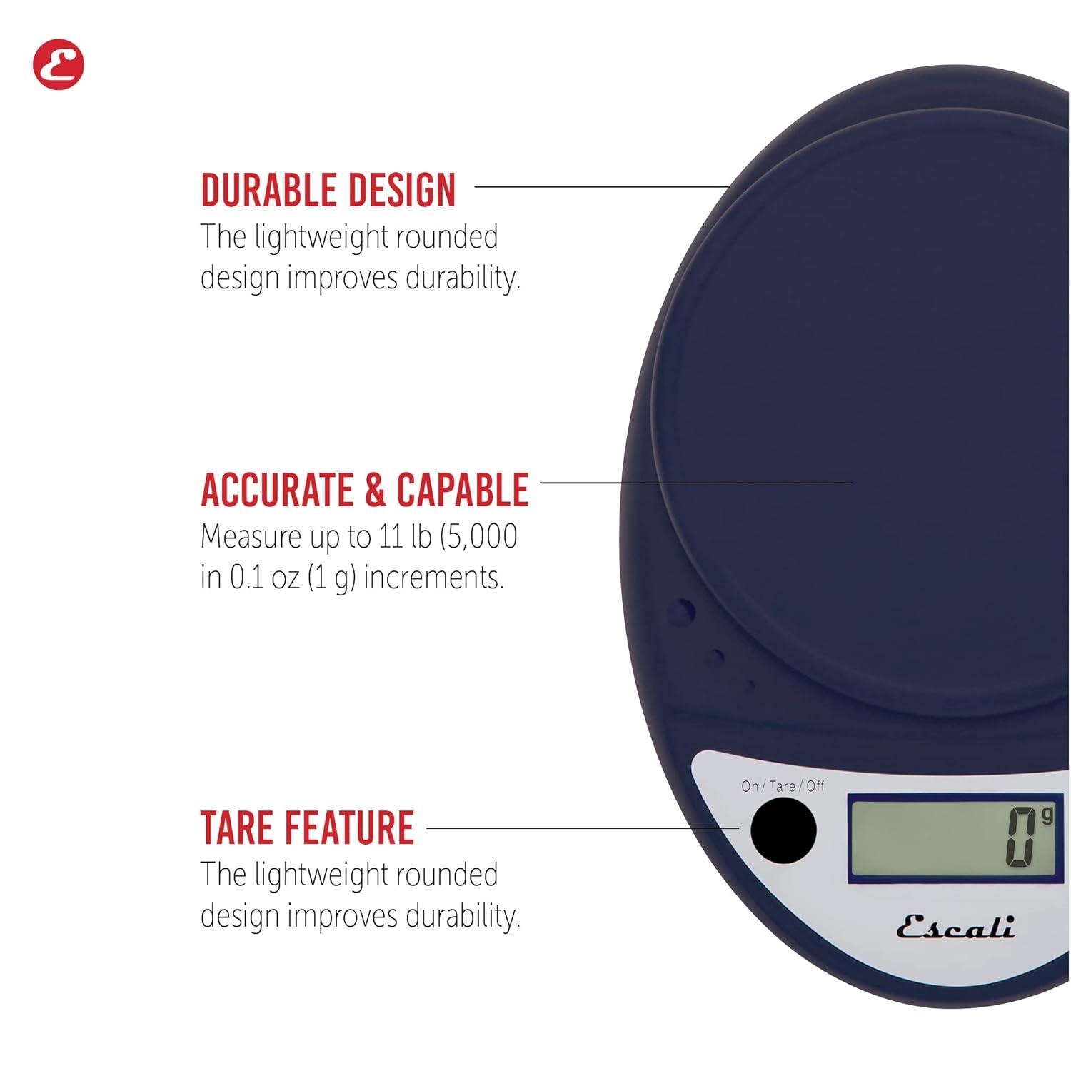 Escali Primo Digital Kitchen Scale Blue: LCD Display, 11 lb Capacity, Automatic Shut-Off, Metric Conversion
