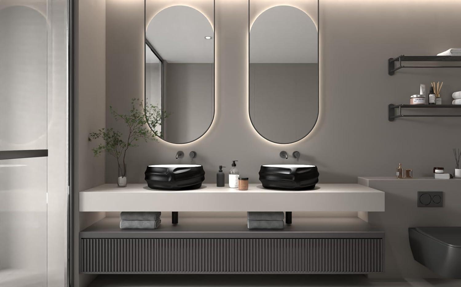 MEJE 18 Inch Oval Art Basin with Embossed Pattern, Matte Black Color, Countertop Bathroom Vessel Sink, Above Counter Porcelain Ceramic Vanity Sink (Include pop up drain)